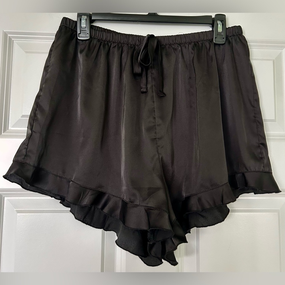 Women's Black Satin Ruffle Shorts Set - Classic Lounge Top & Shorts - Picture 4 of 9